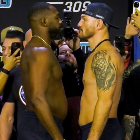 UFC 309 final faceoffs: Watch Jon Jones, Stipe Miocic shake hands, square off for final time