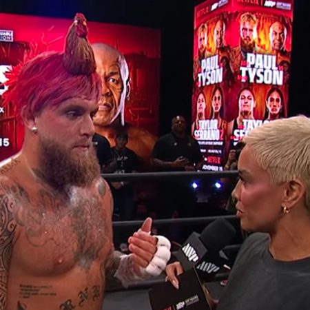 Video: Jake Paul rips shirt, has rooster’s hair at Paul vs. Tyson open workouts