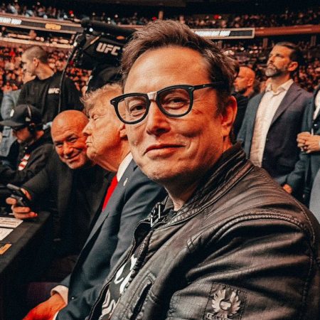Mauricio Ruffy reacts to Elon Musk wearing Fighting Nerds glasses at UFC 309