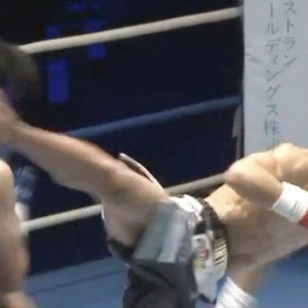 Watch Kanata Ueno deliver brutal spinning wheel kick knockout directly after glove touch at K-1 event
