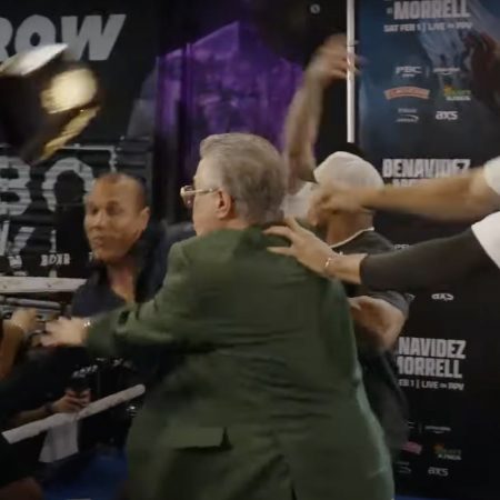 Watch David Morrell hurl title belt at David Benavidez during open workout scuffle in Miami