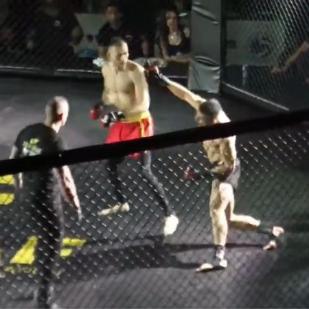 Missed Fists: Stefanos Stamatiou spinning backfist knockout absolutely freezes opponent