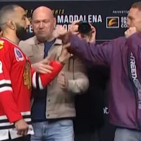 Watch Belal Muhammad swat Jack Della Maddalena’s arm away at UFC 315 press conference faceoff